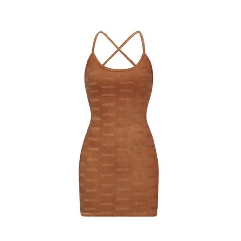 SKIMS Logo Velour Slip Dress Size Large Color Camel Style